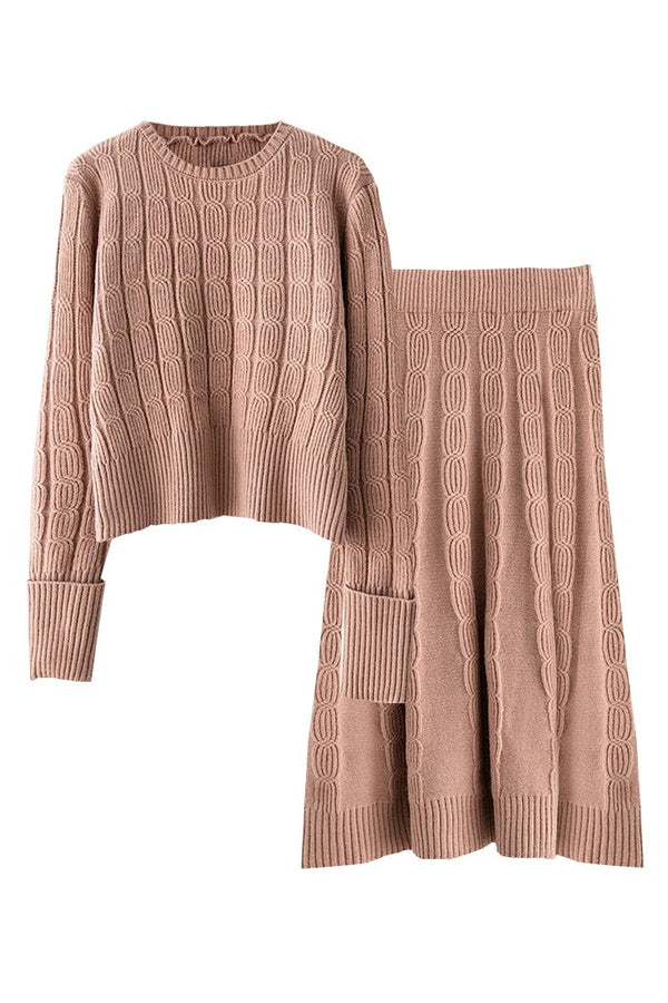 Beige Knitted Blouse and Skirt Set | Woman Clothing - Moncye