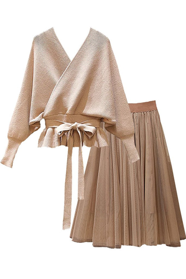 Beige/Ivory Batwing Sweater Top and Mesh Skirt Set | Woman Clothing - Philip Lang