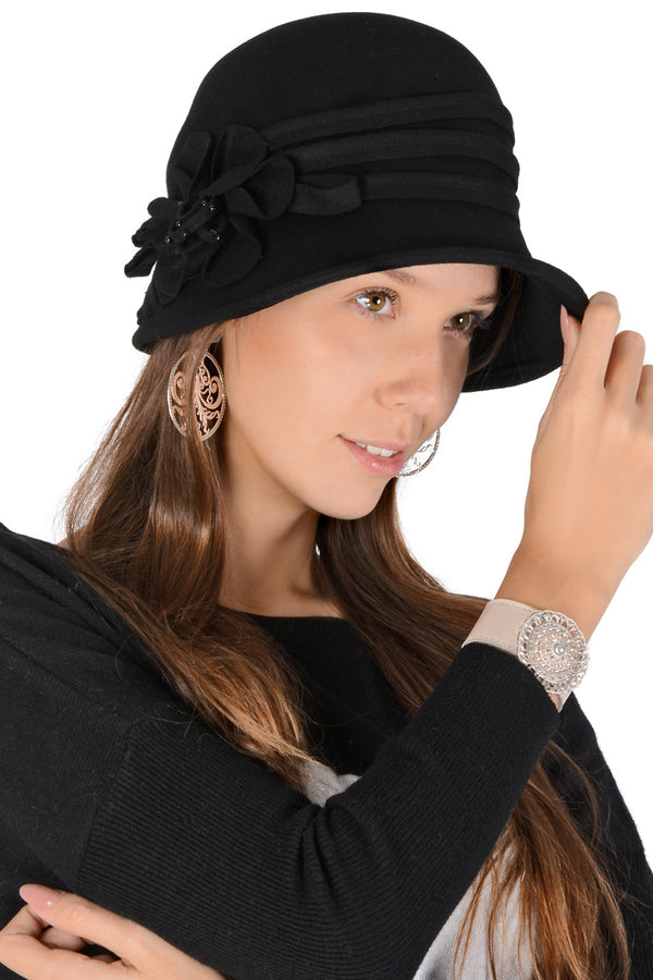 ESTELLA Black Flower Cloche Hat
