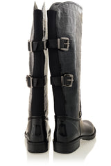 POSH WELLIES - AIDA Black Croc Patent Knee-High Boots - Women Shoes