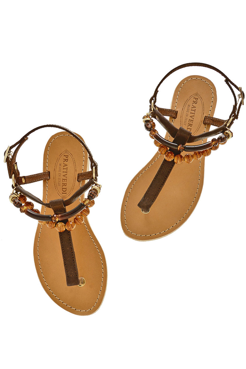 ALESSIA Beaded T-Bar Brown Leather Women Sandals
