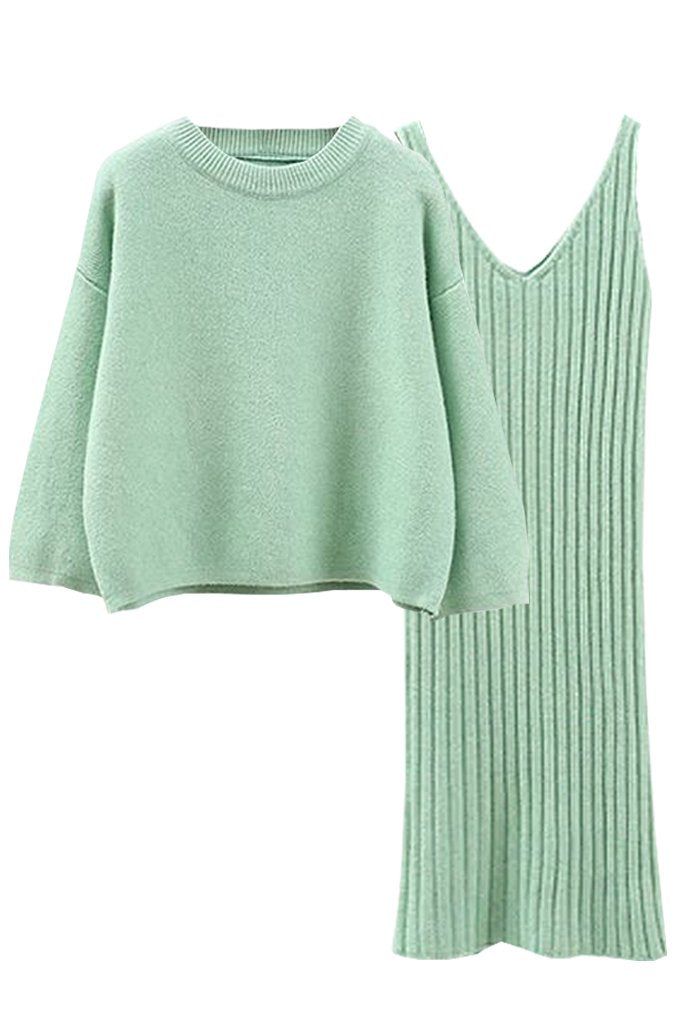Light Green Kneeted Mini Dress and Top Set | Woman Clothing - Moncye