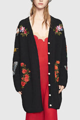 Caspiana Black Long Knit Cardigan with Embroidery | Woman Clothing - Knitwear - Cardigans