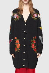 Caspiana Black Long Knit Cardigan with Embroidery | Woman Clothing - Knitwear - Cardigans