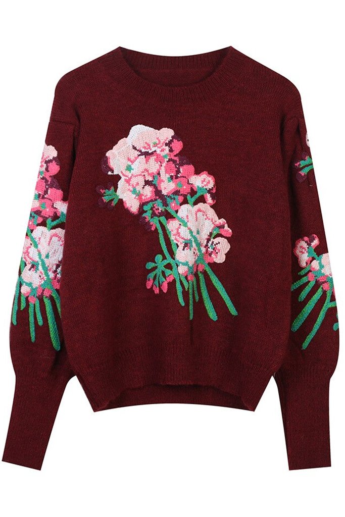 Ayla Bordeaux Sweater with Flowers
