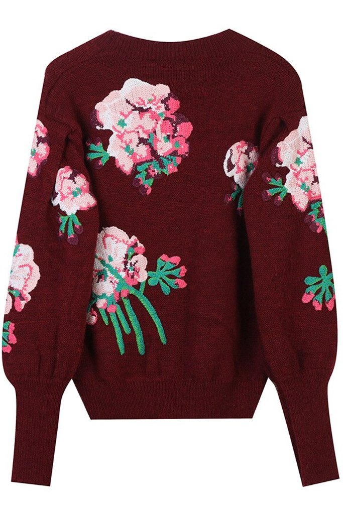 Ayla Bordeaux Sweater with Flowers | Woman Clothing - Knitwear - Cardigans