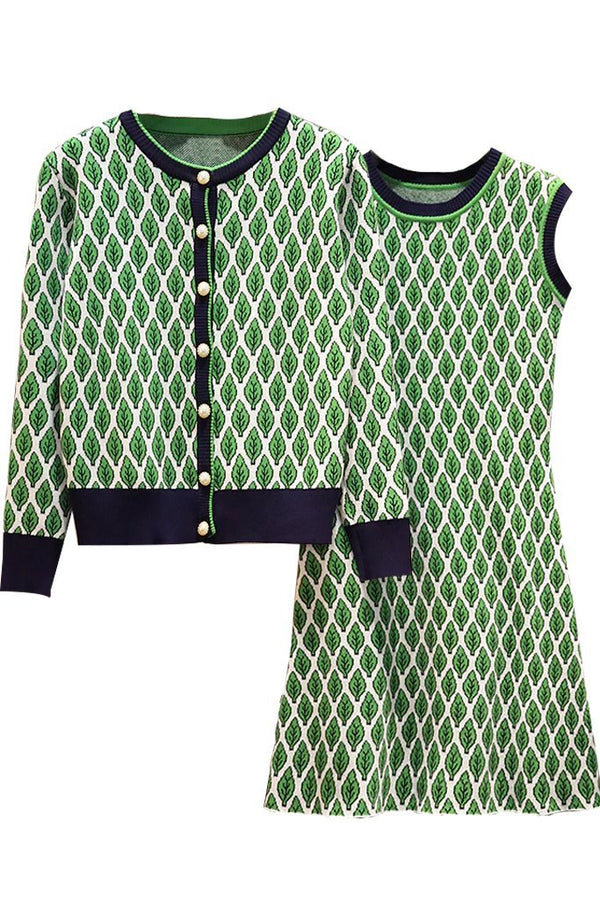 Cicely Green Printed Knit Set Dress and Jacket | Woman Clothing - Knit Set - Moncye