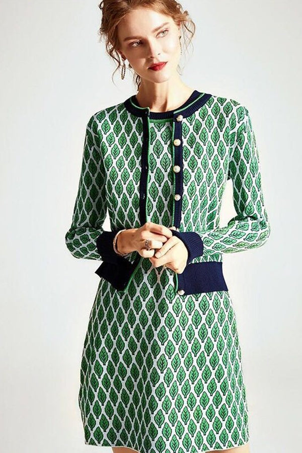 Cicely Green Printed Knit Set Dress and Jacket | Woman Clothing - Knit Set - Moncye
