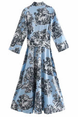Indigo Light Blue Belted Floral-Print Midi Dress | Woman Clothing - Dresses
