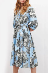 Indigo Light Blue Belted Floral-Print Midi Dress | Woman Clothing - Dresses
