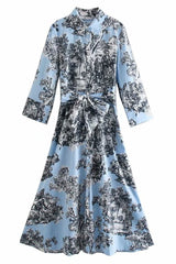 Indigo Light Blue Belted Floral-Print Midi Dress | Woman Clothing - Dresses