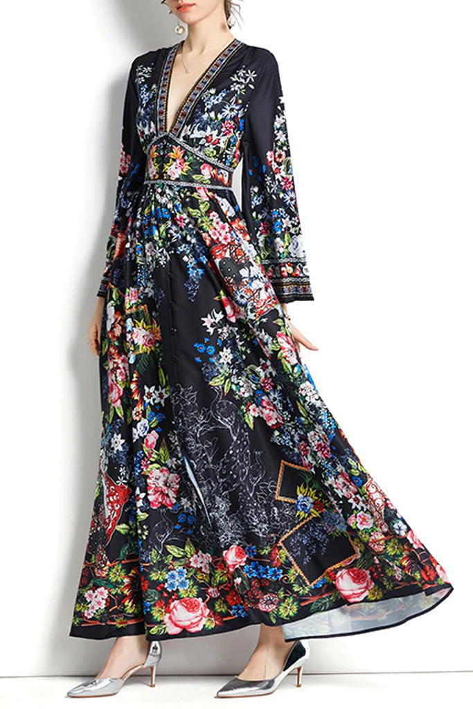 Amaryllis Black Floral Print Long Dress | Woman Clothing - Dresses - Evening Dresses