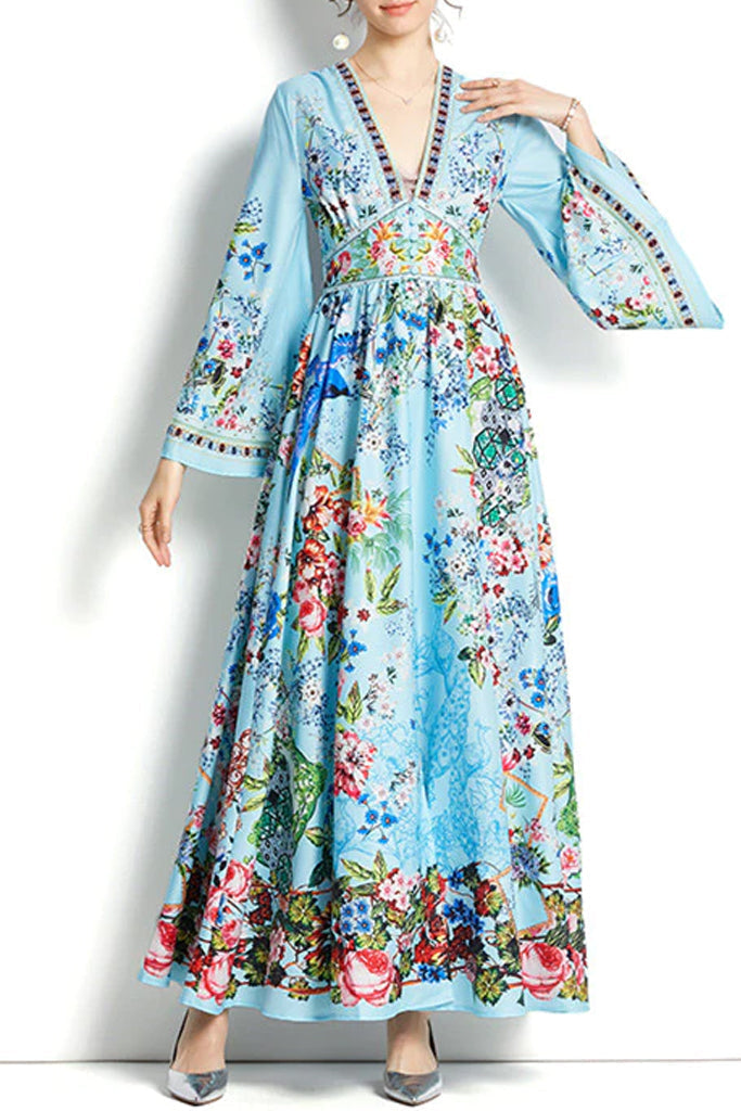 Amaryllis Blue Floral Print Long Dress | Woman Clothing - Dresses - Evening Dresses