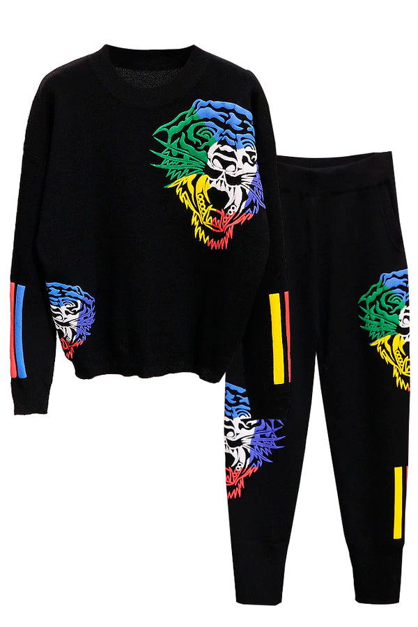 Tigre Black Sweater and Pants Set with Tiger Designs | Woman Clothing - Knitwear