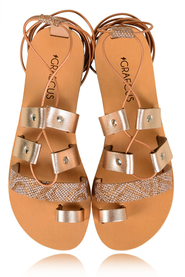 GRAECUS APHRODITE Rose Gold and Snake Leather Sandals
