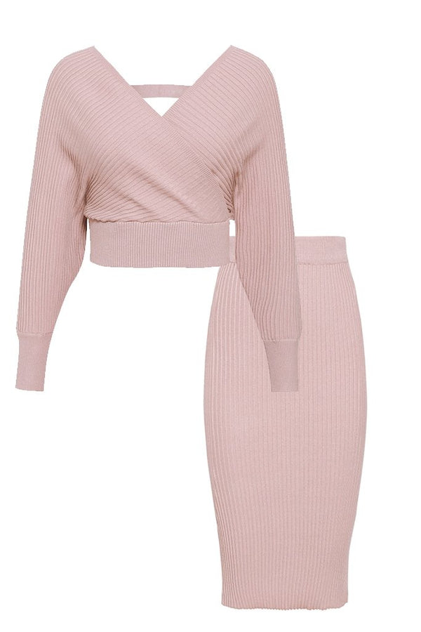 Pink Top and Skirt Knitted Set | Woman Clothing - Moncye