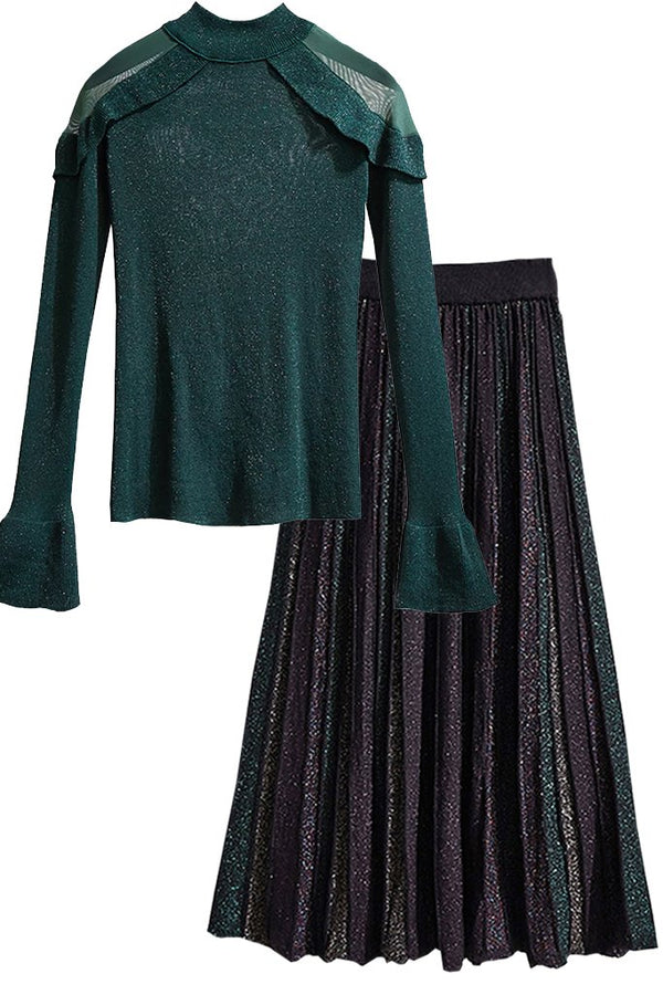 Petrol Metallic Blouse and Pleated Skirt Set | Woman Clothing Philip Lang
