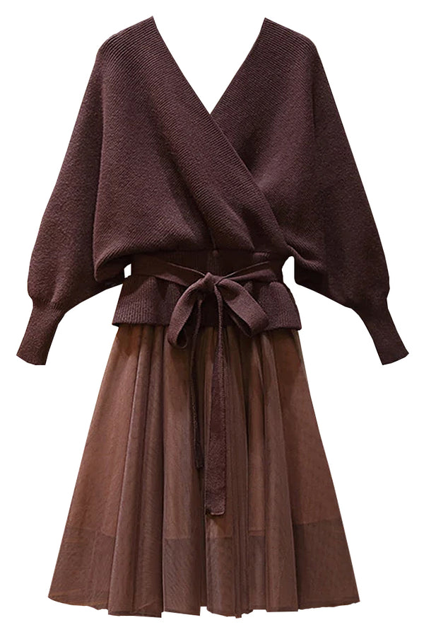 Brown Batwing Sweater Top and Mesh Skirt Set | Woman Clothing - Philip Lang