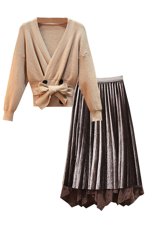 Beige Batwing Top and Gray Mesh Skirt Set | Woman Clothing - Philip Lang