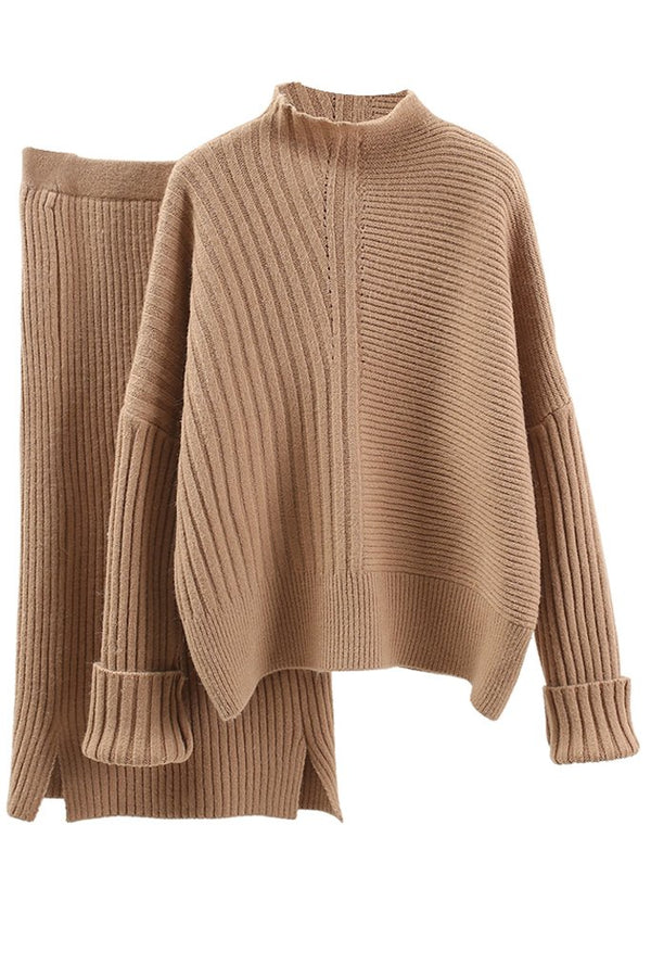 Beige Knitted Sweater and Skirt Set | Woman Clothing Sets Knitwear