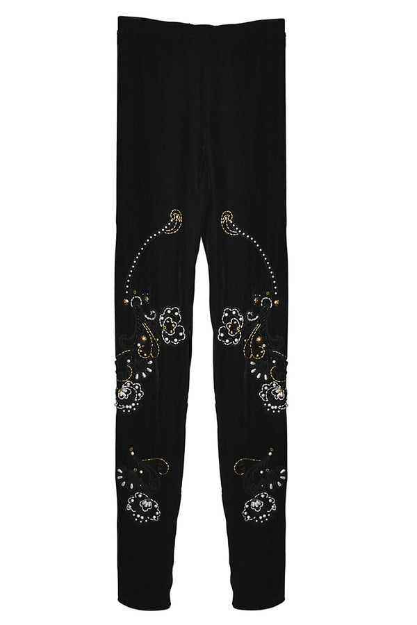 BEBAROQUE PRISCILLA Black Velvet Embroidered Leggings
