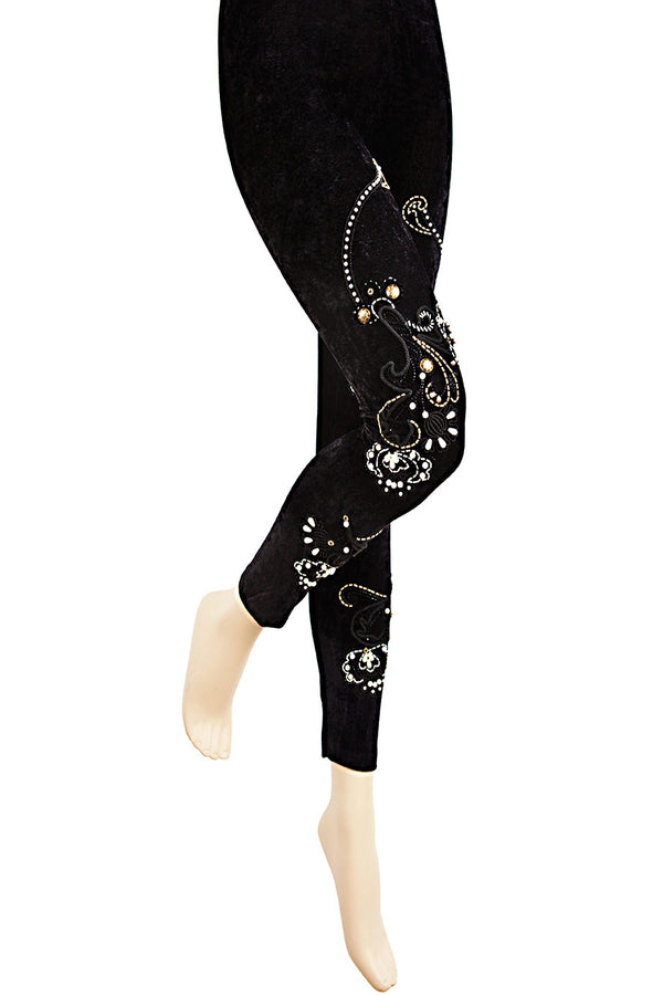 BEBAROQUE PRISCILLA Black Velvet Embroidered Leggings
