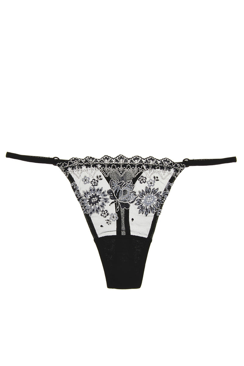 COTTON CLUB FLORAL Embroidered Black Thong