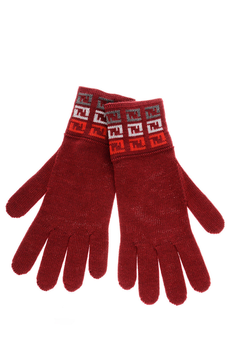 FENDI FF Wine Red Wool Women Gloves