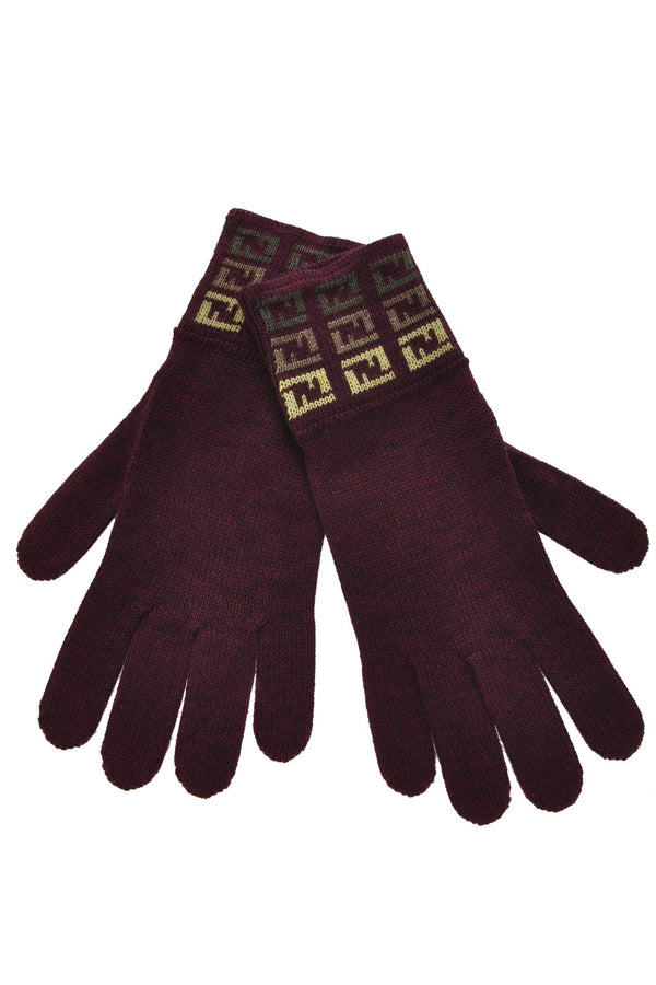 FENDI FF Bordeaux Lime Wool Women Gloves
