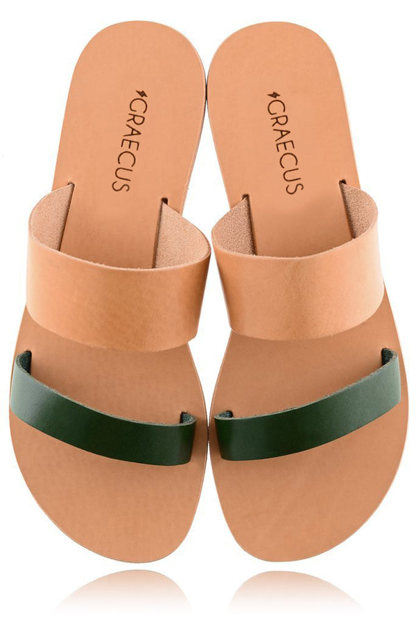 HELENA Beige Green Leather Sandals | GRAECUS Greek Handmade Leather Sandals