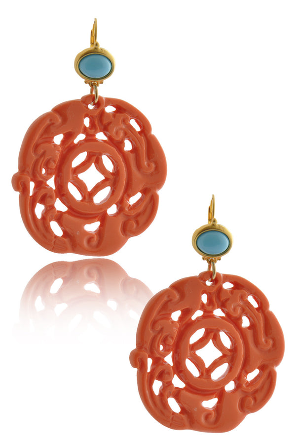 KENNETH JAY LANE ROUND BALI Coral Carved Pierced Earrings