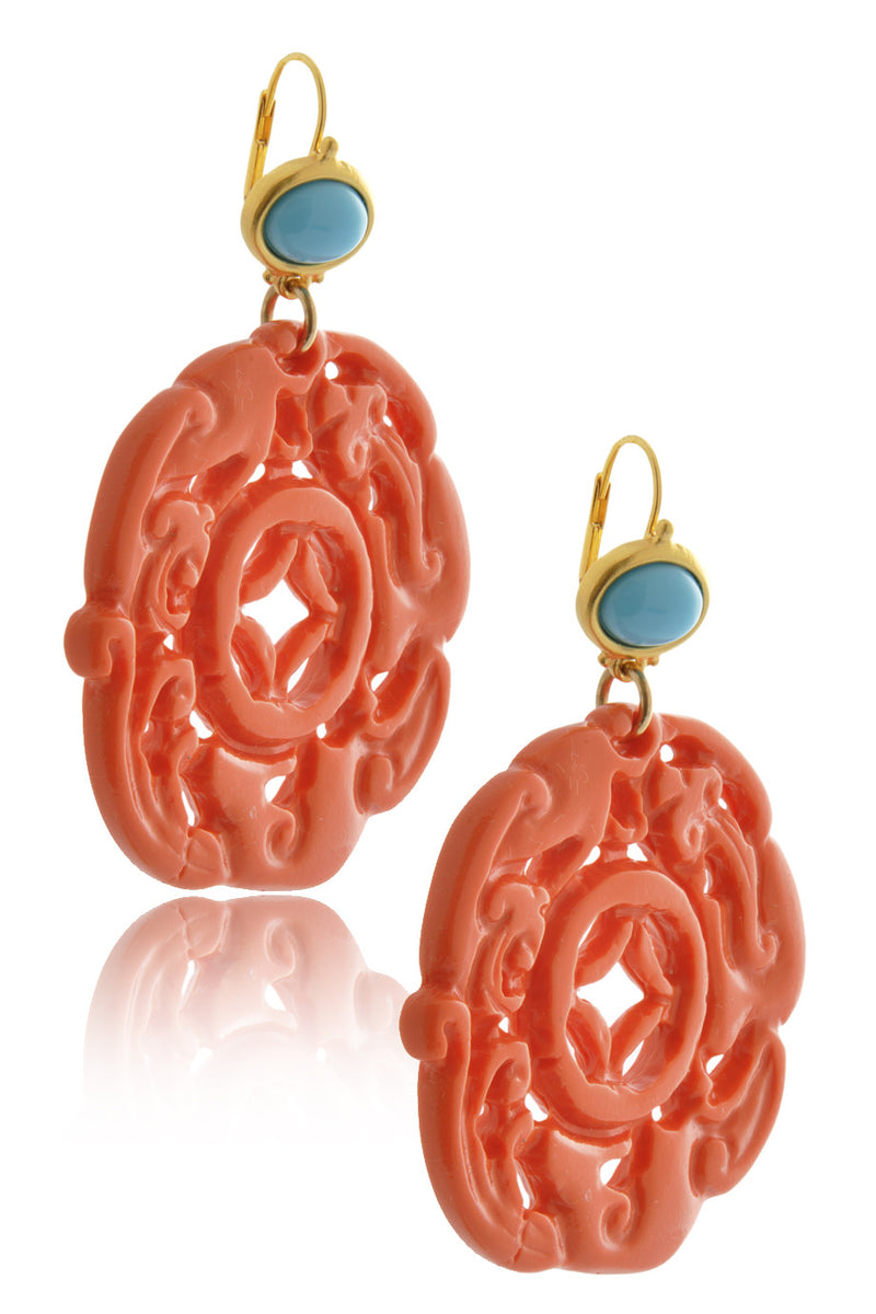 KENNETH JAY LANE ROUND BALI Coral Carved Pierced Earrings – PRET-A
