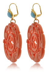 KENNETH JAY LANE ROUND BALI Coral Carved Pierced Earrings