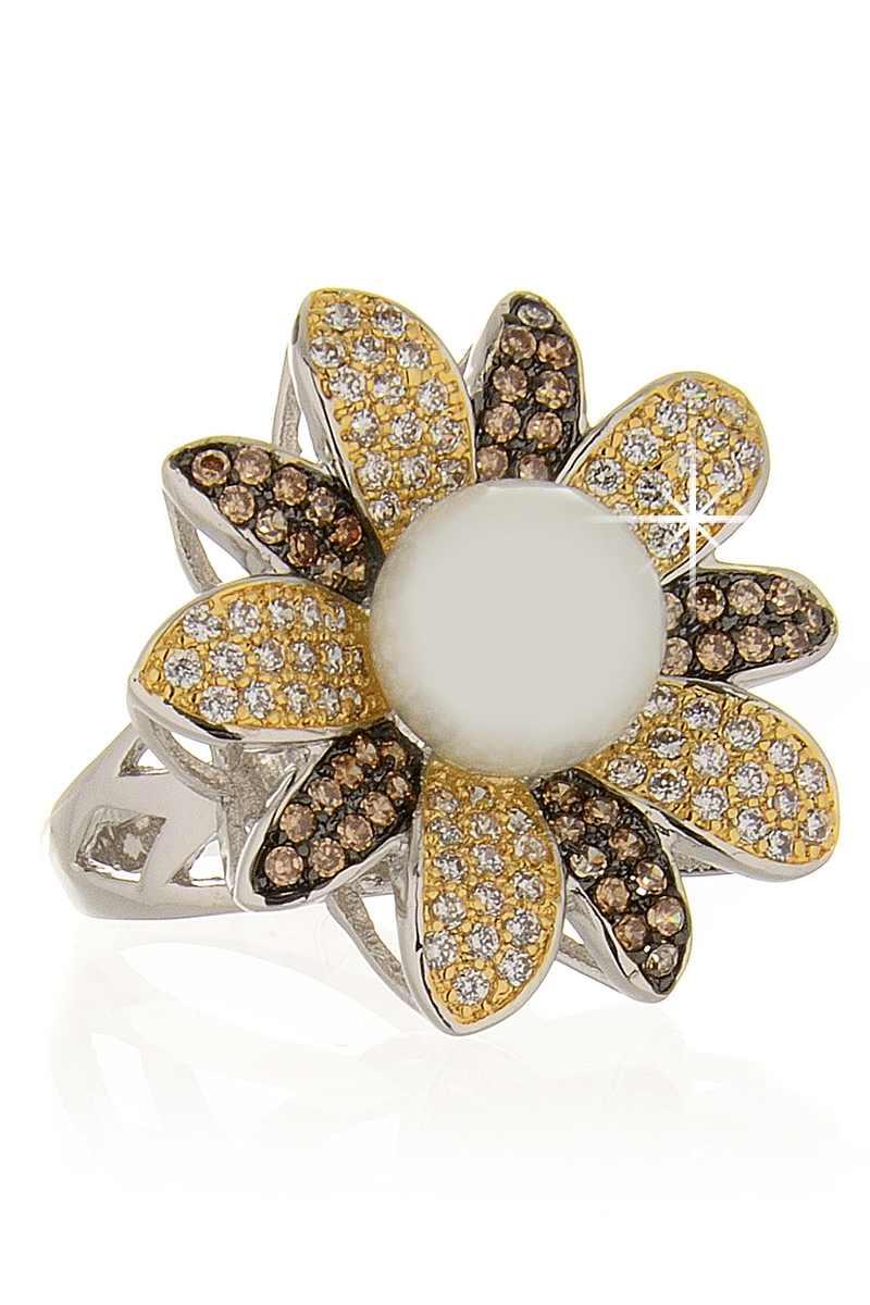 KENNETH JAY LANE FLOWER Silver Bronze Pearl Crystal Cocktail Ring