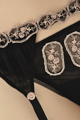 ROSE Embroidered Black Garter Belt