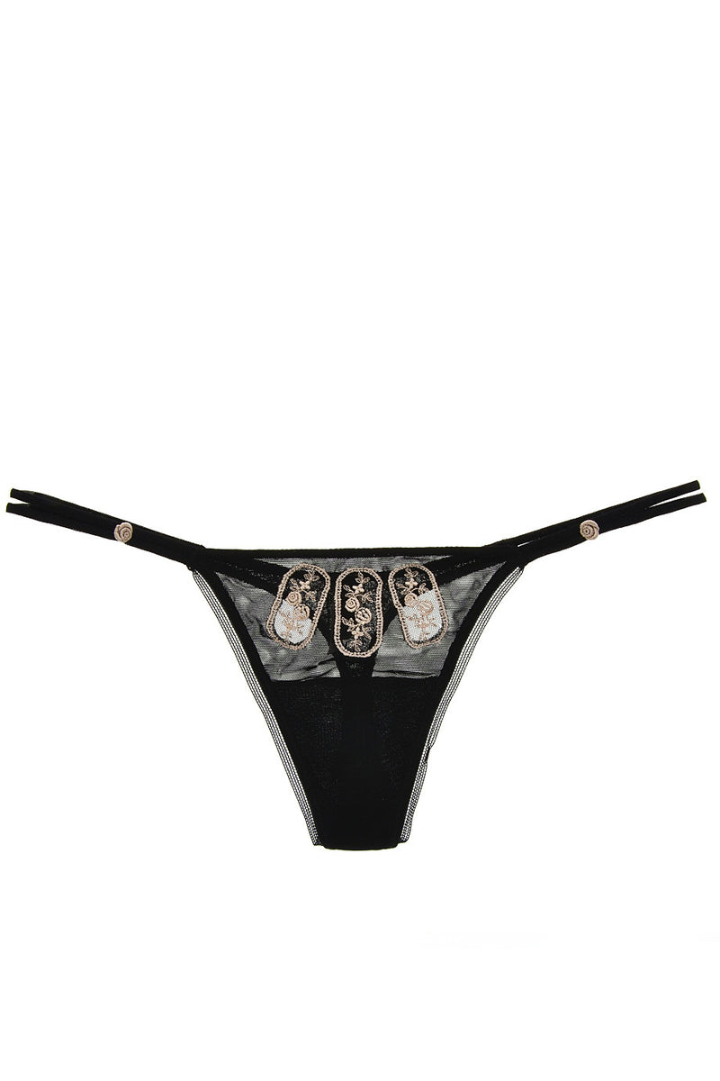 ROSE Embroidered Black Thong