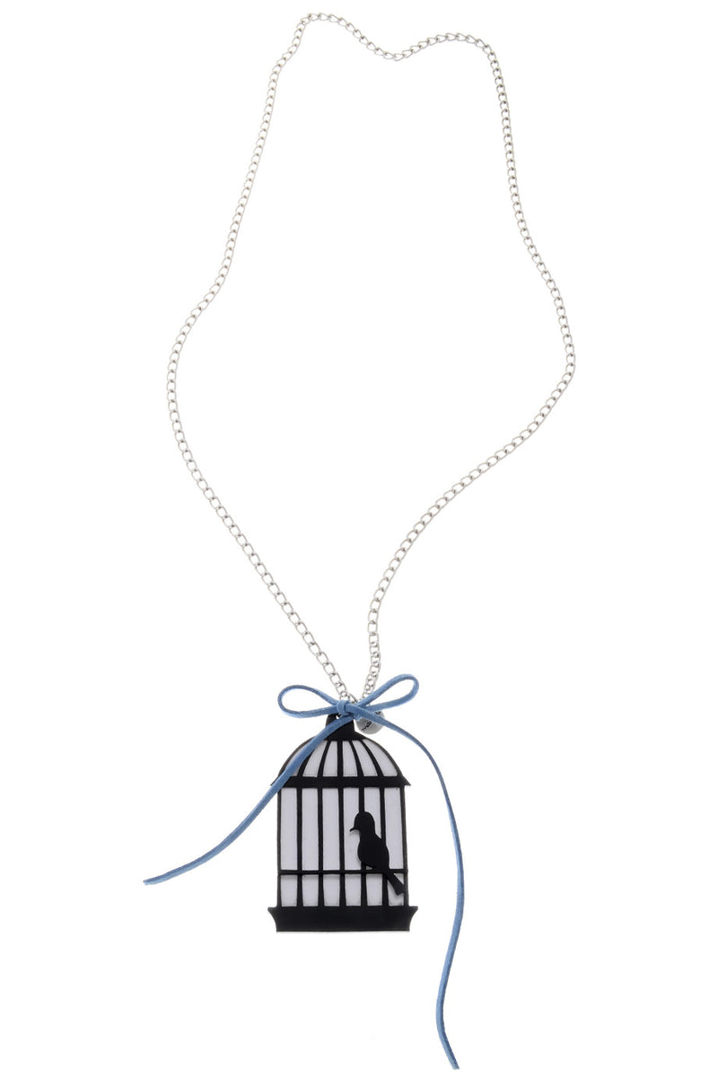 BIRD CAGE Black Silver Chain Pendant
