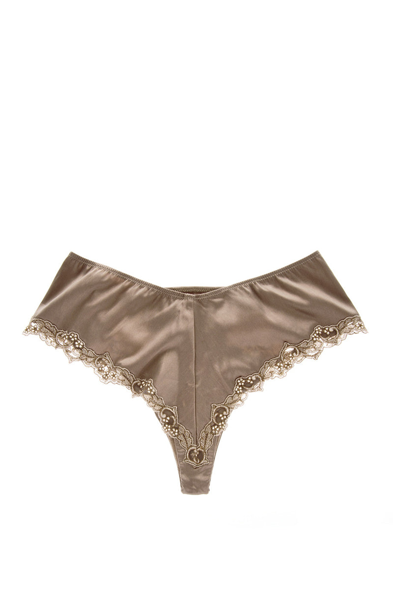 COTTON CLUB NOTORIOUS Taupe Silk Floral Thong