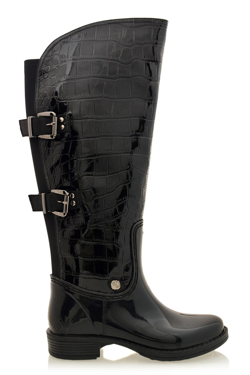POSH WELLIES - AIDA Black Croc Patent Knee-High Boots - Women Shoes