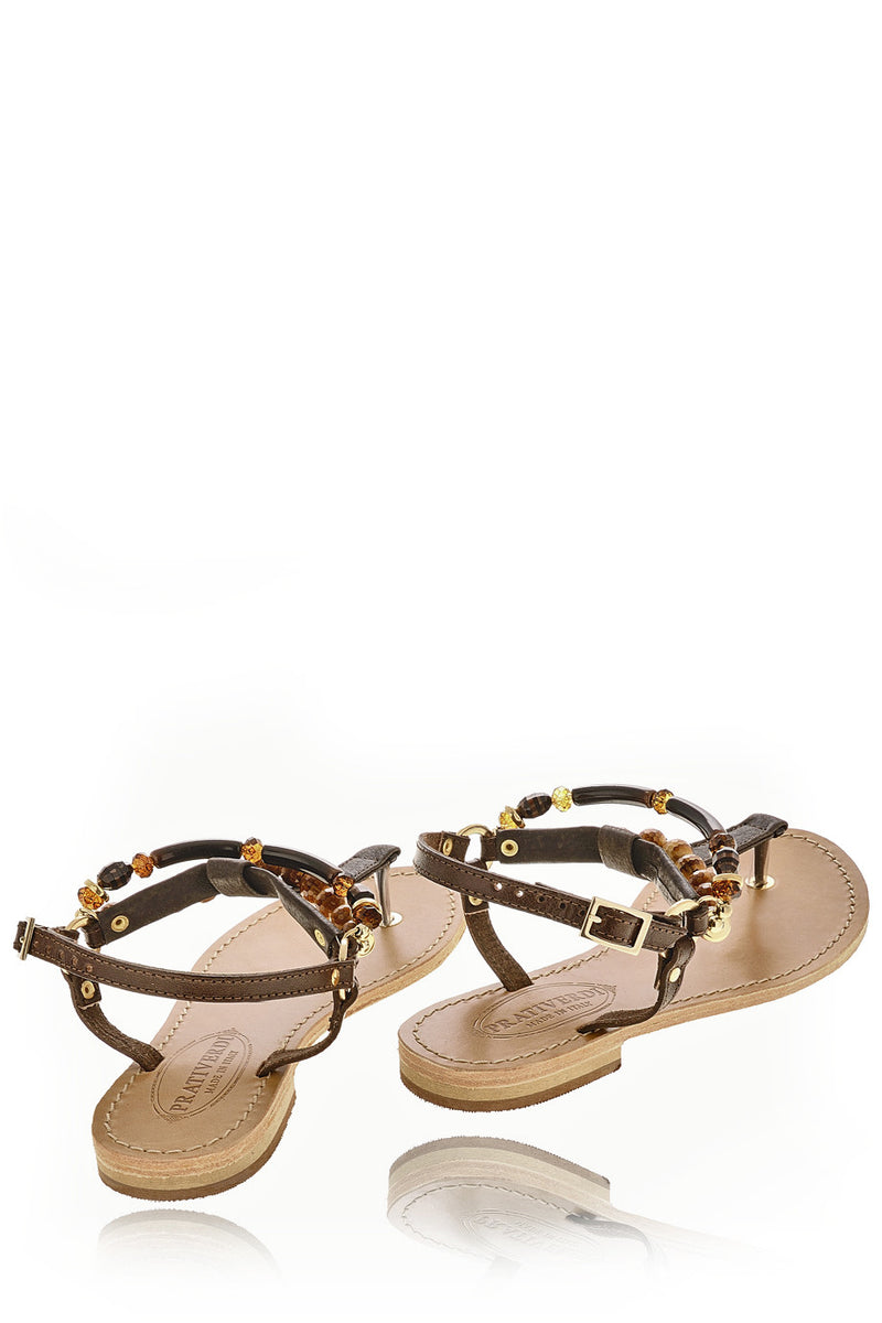 ALESSIA Beaded T-Bar Brown Leather Women Sandals