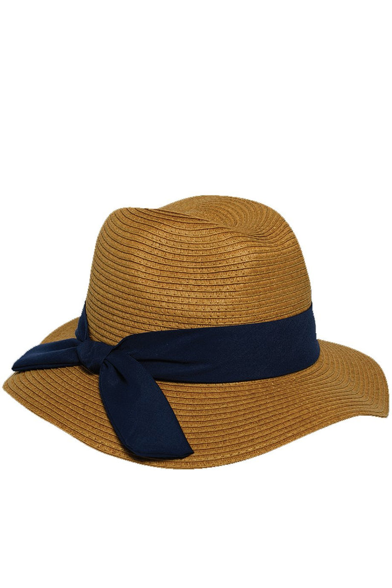 Κάμελ Ψάθινο Καπέλο με Μπλε Κορδέλα | Γυναικεία Καπέλα Παραλίας - LAURA FERRI