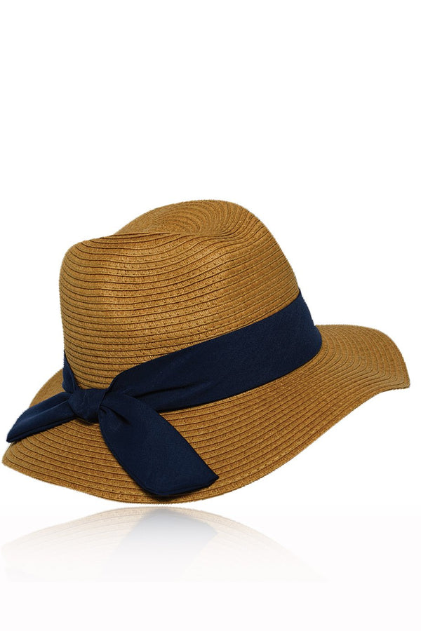 Κάμελ Ψάθινο Καπέλο με Μπλε Κορδέλα | Γυναικεία Καπέλα Παραλίας - LAURA FERRI