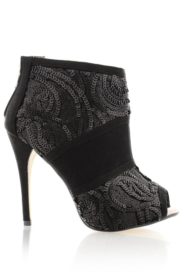 TIMELESS - ADMIRANDA Black Sequin Peep Toe Ankle Boots - Women Boots Shoes