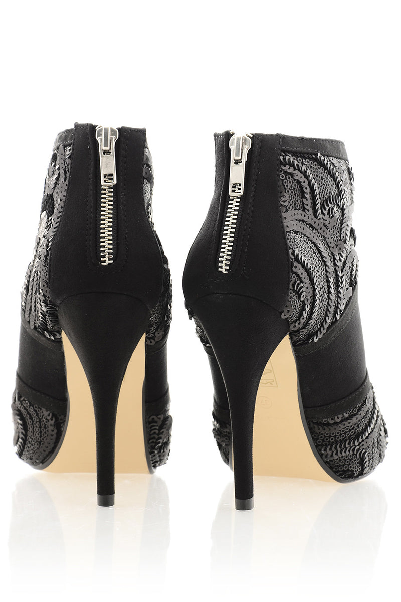 TIMELESS - ADMIRANDA Black Sequin Peep Toe Ankle Boots - Women Boots Shoes
