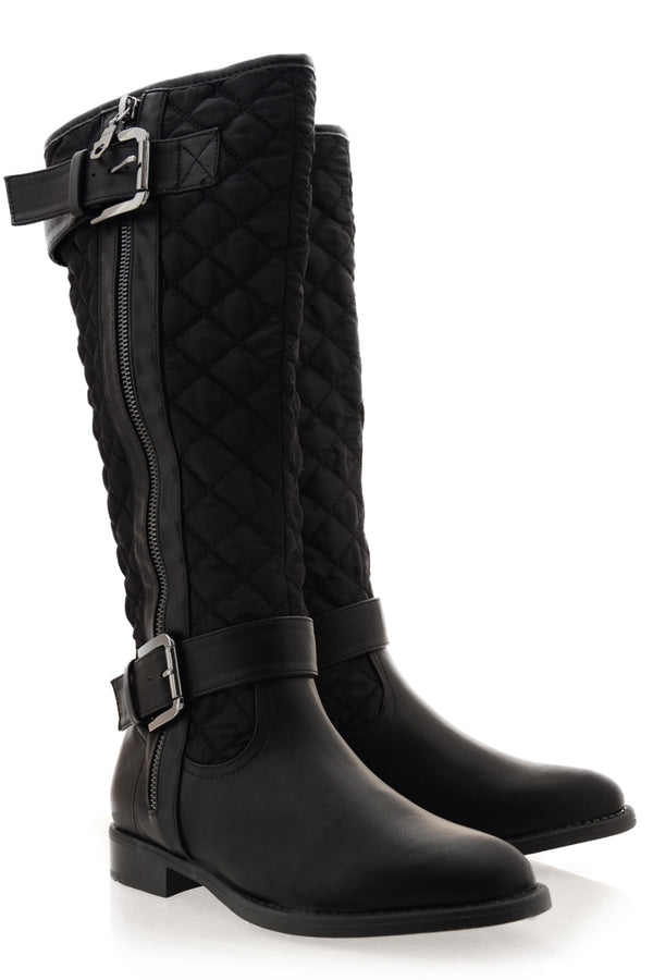 PAVIA Black Matte Quilted Knee-High Boots