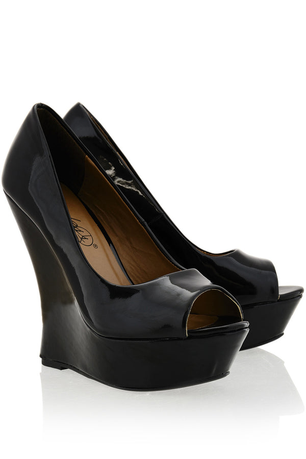 TIMELESS - MELLIE Black Patent Peep Toe Wedges - Women Shoes