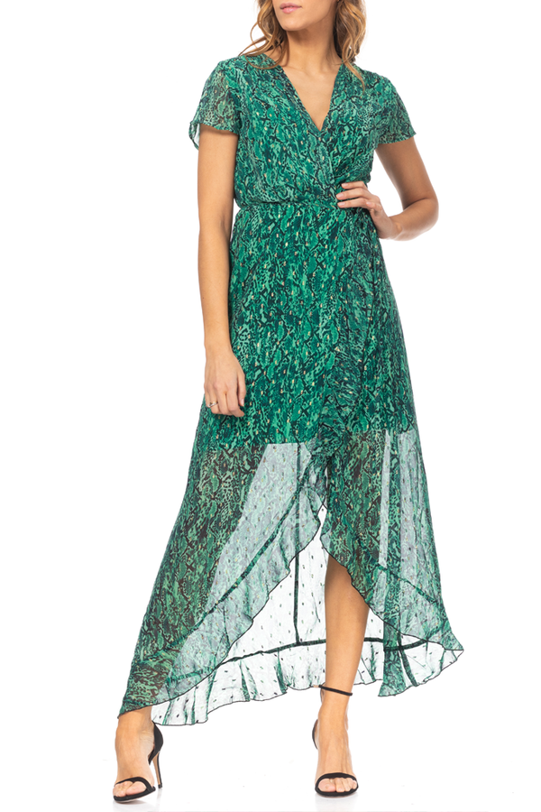 Πετρόλ Εμπριμέ Κρουαζέ Φόρεμα με Διαφάνεια | Γυναικεία Ρούχα - Φορέματα - Diane Ford