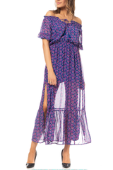 Μωβ Εμπριμέ Φόρεμα με Διαφάνεια | Γυναικεία Ρούχα - Φορέματα - Diane Ford